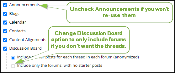 the course copy options for copying discussion boards