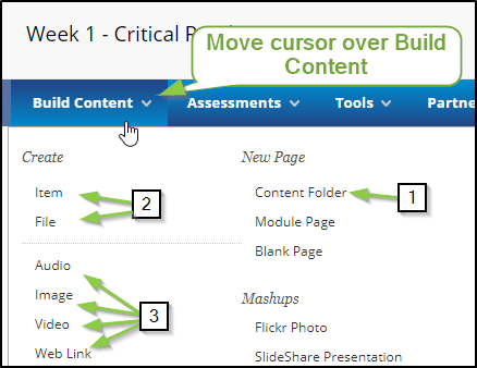 a list of items that can be added to content areas