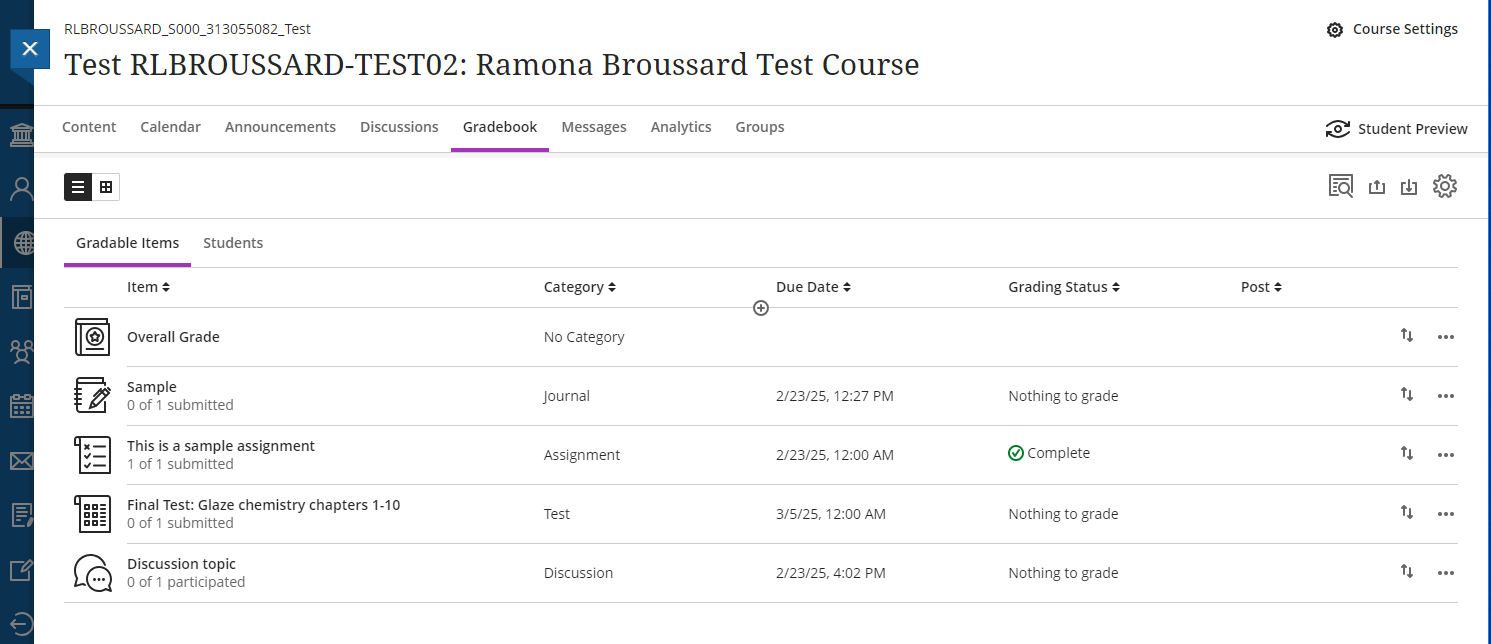 Screenshot of Blackboard's Gradebook interface with highlighted features: grid/List view options, Filter option, and toggles for viewing by gradable items or students.