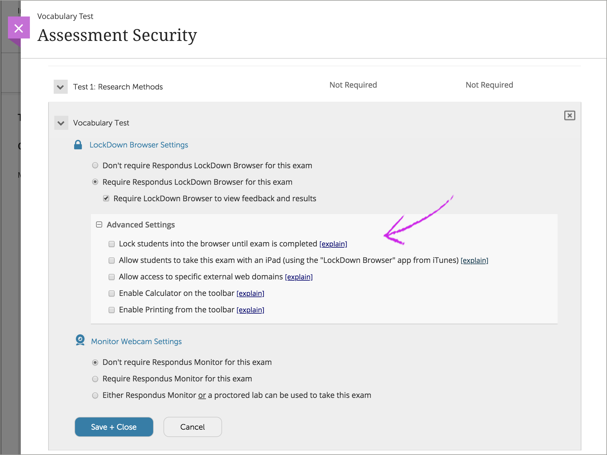 Screenshot showing that in the advanced settings you can allow students to print or use a calculator