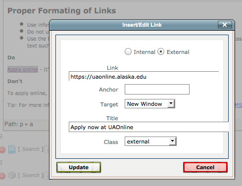 CMS link dialog