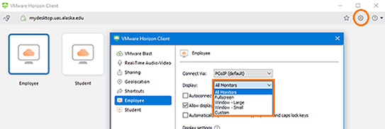 Display Settings menu for Employee VM